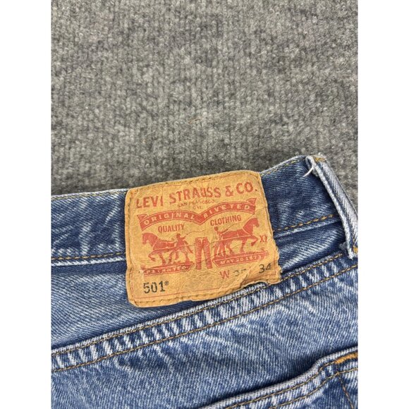 Levis 501 Jeans Mens 35x34 Blue Button Fly Straight Leg Distressed Faded Denim - Picture 9 of 11